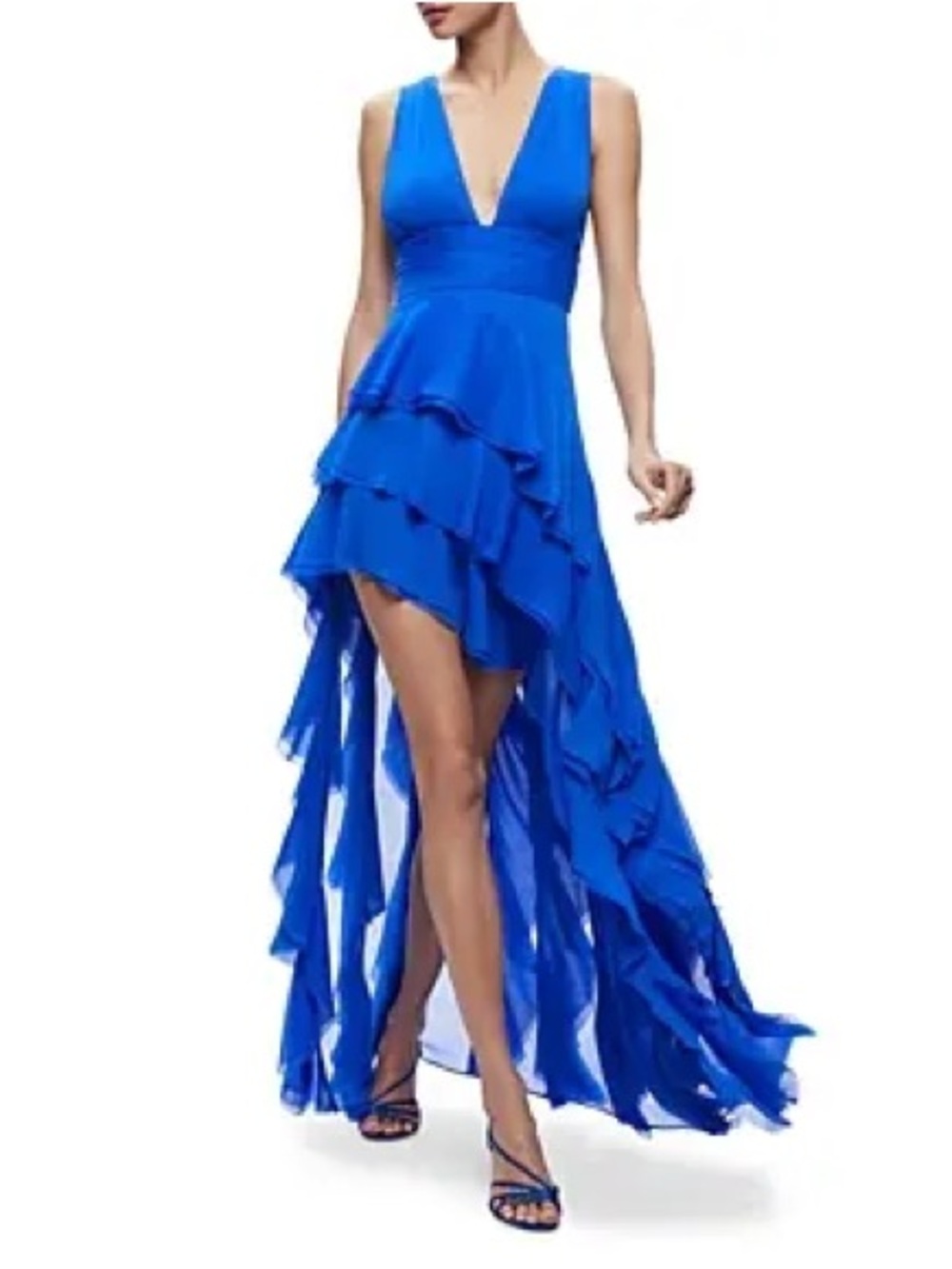 Alice + Olivia Cobalt Blue High-Low Ruffle V-Neck Dress - Picture 1 of 11